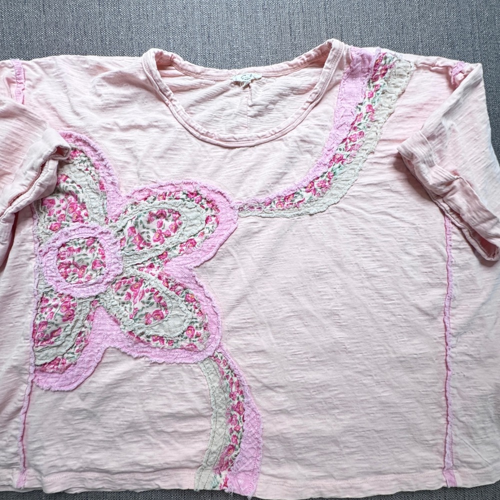 Easel Pink Floral Patchwork Raw Edge Boxy Slub Cotton Top Large ET71231